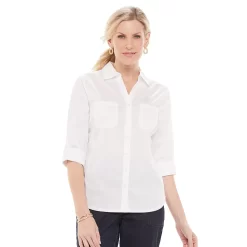 Petite Croft & Barrow® Knit-To-Fit Roll Tab Sleeve Shirt
