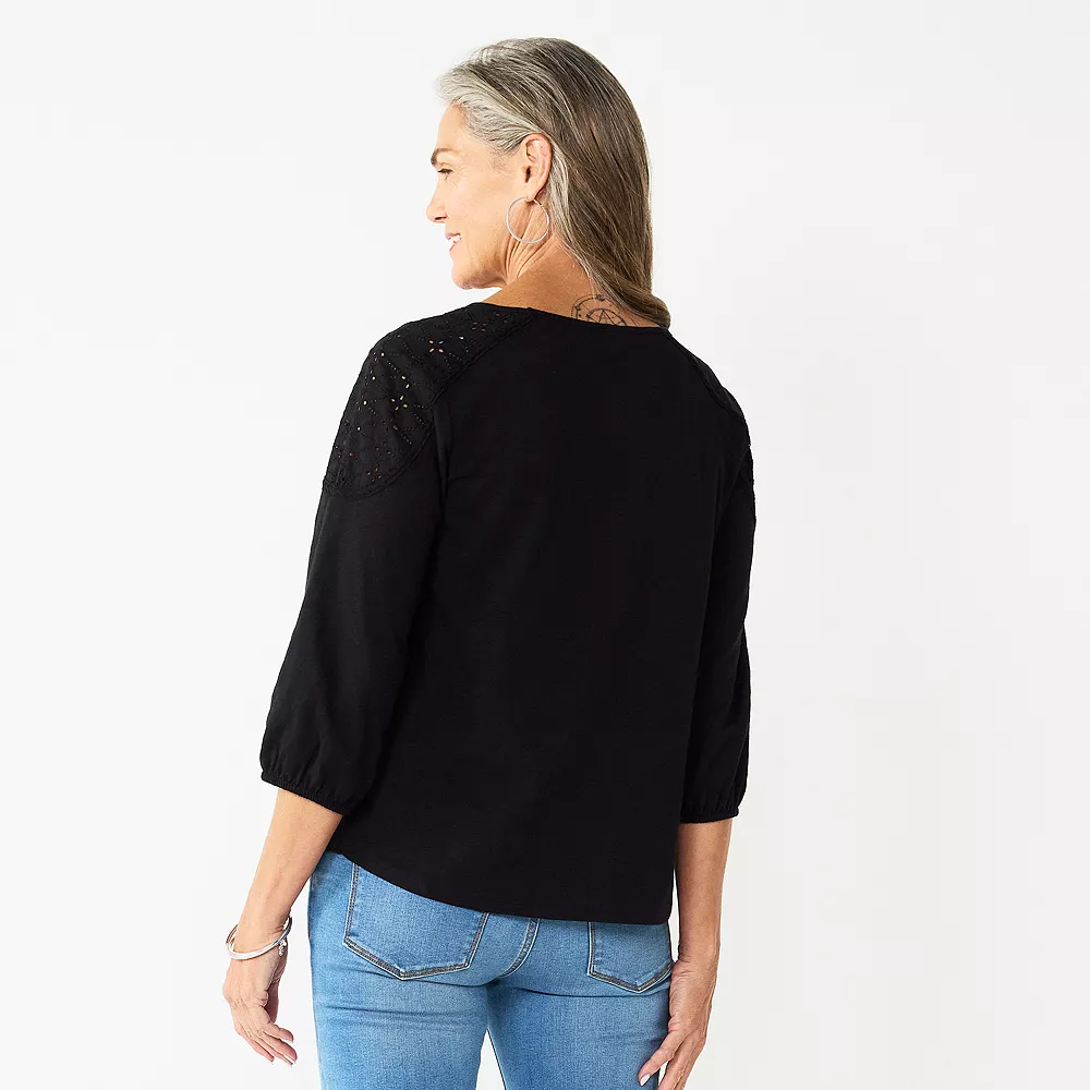 Women's Croft & Barrow® Three Quarter Sleeve Eyelet Yoke Top 2 Women's Croft & Barrow® Three Quarter Sleeve Eyelet Yoke Top - Image 2